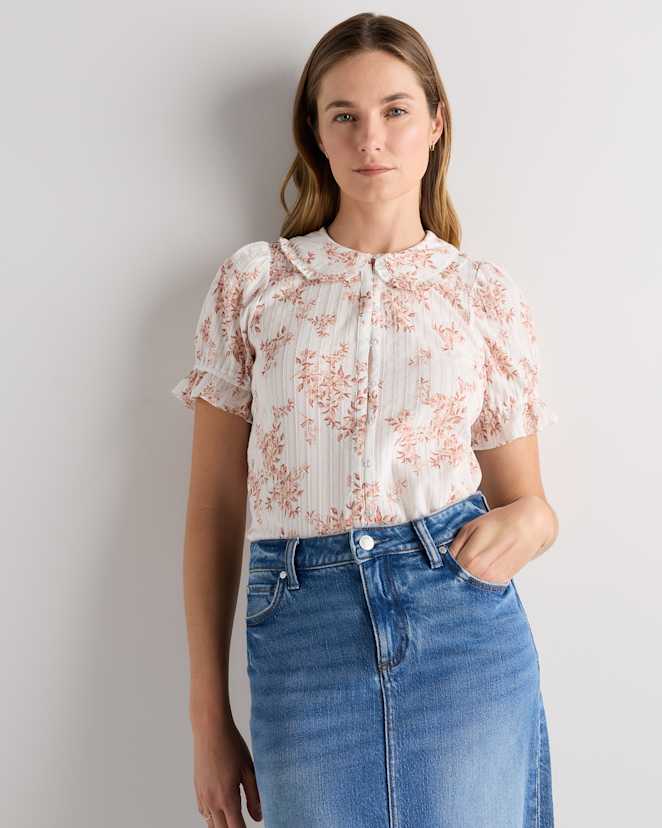 Ivory Rose Pink Petite Floral Embroidered Cotton Ruffle Collar Short Sleeve Blouse
