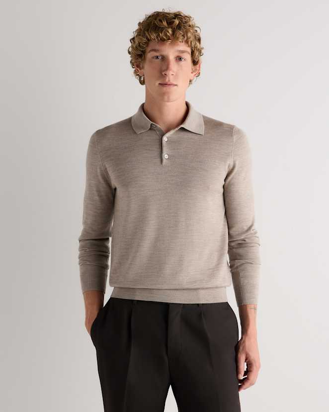 Tan Heather Worsted Merino Wool Polo Sweater