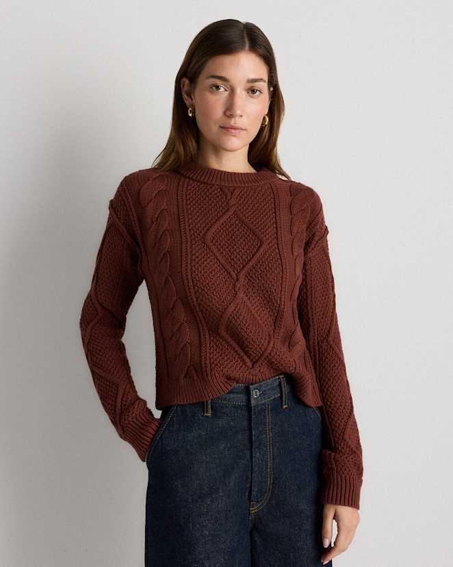 Redwood Brown 100% Organic Cotton Cropped Cable Crew Sweater