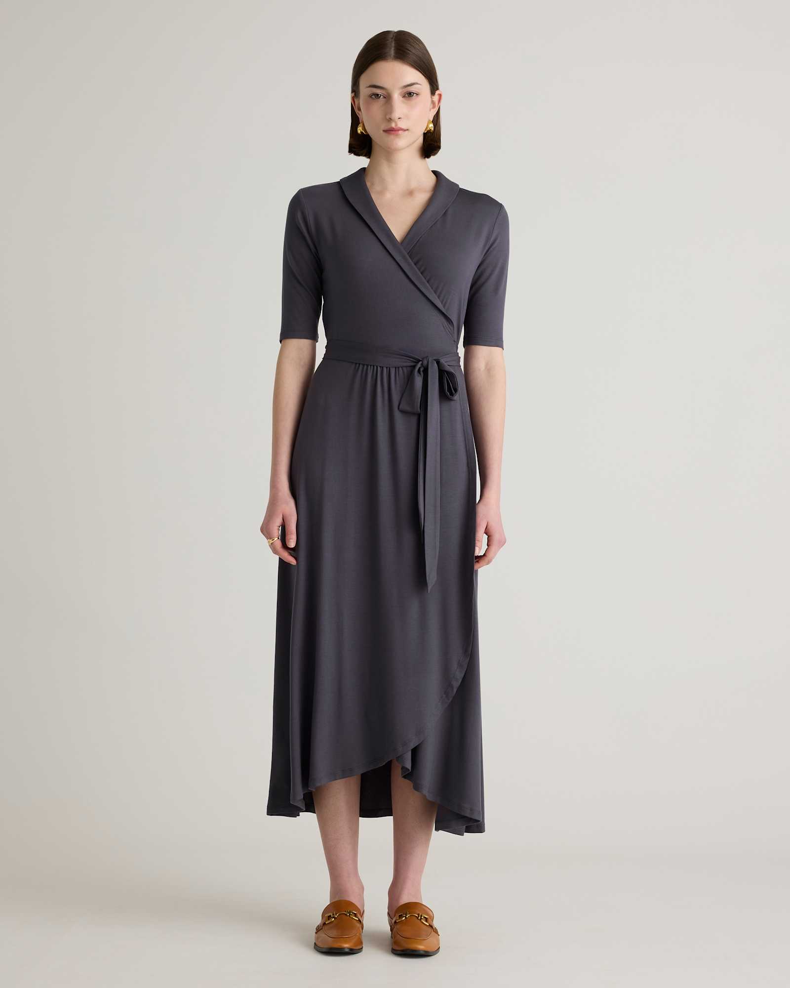 carbon-grey Tencel Jersey Midi Wrap Dress