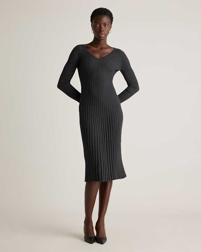 Heather Charcoal Cotton Cashmere Ribbed Long Sleeve V-Neck Midi Dress