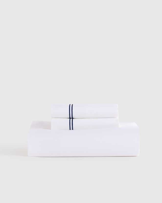 White/Navy Classic Organic Percale Embellished Fitted Sheet Set
