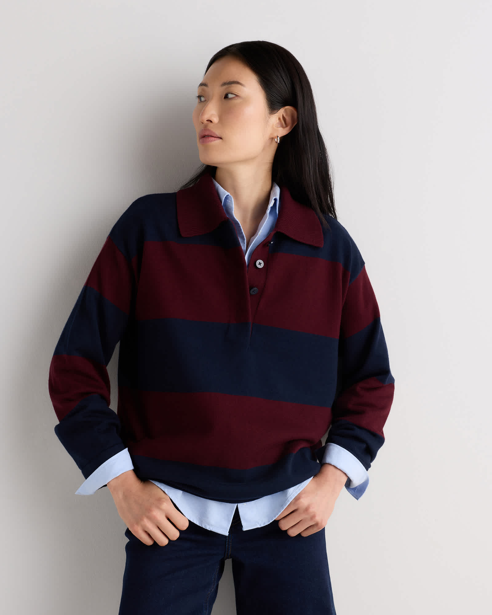 Rich Burgundy / True Navy Rugby Stripe Cotton Cashmere Rugby Polo Sweater