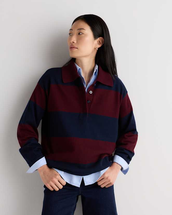 Rich Burgundy / True Navy Rugby Stripe Cotton Cashmere Rugby Polo Sweater