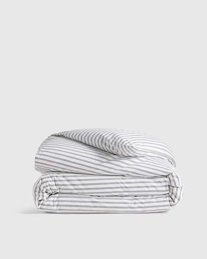 White/Pine Classic Organic Percale Double Stripe Duvet Cover