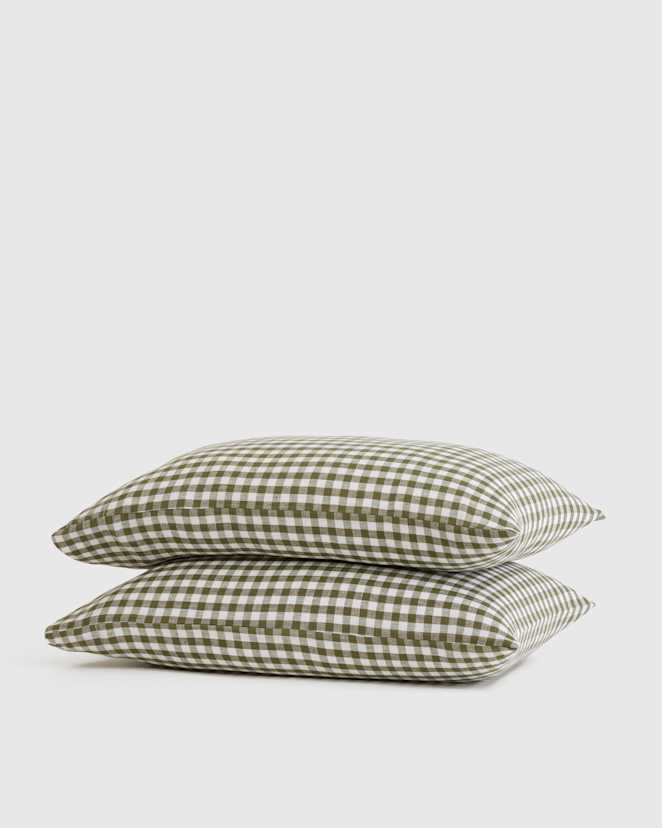 Olive European Linen Gingham Pillowcase Set