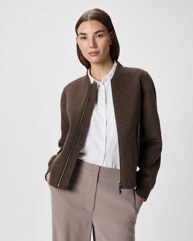 Cocoa Melange Double-Faced Merino Wool Bomber Jacket