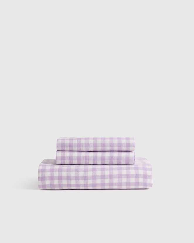 Lavender European Linen Gingham Fitted Sheet Set
