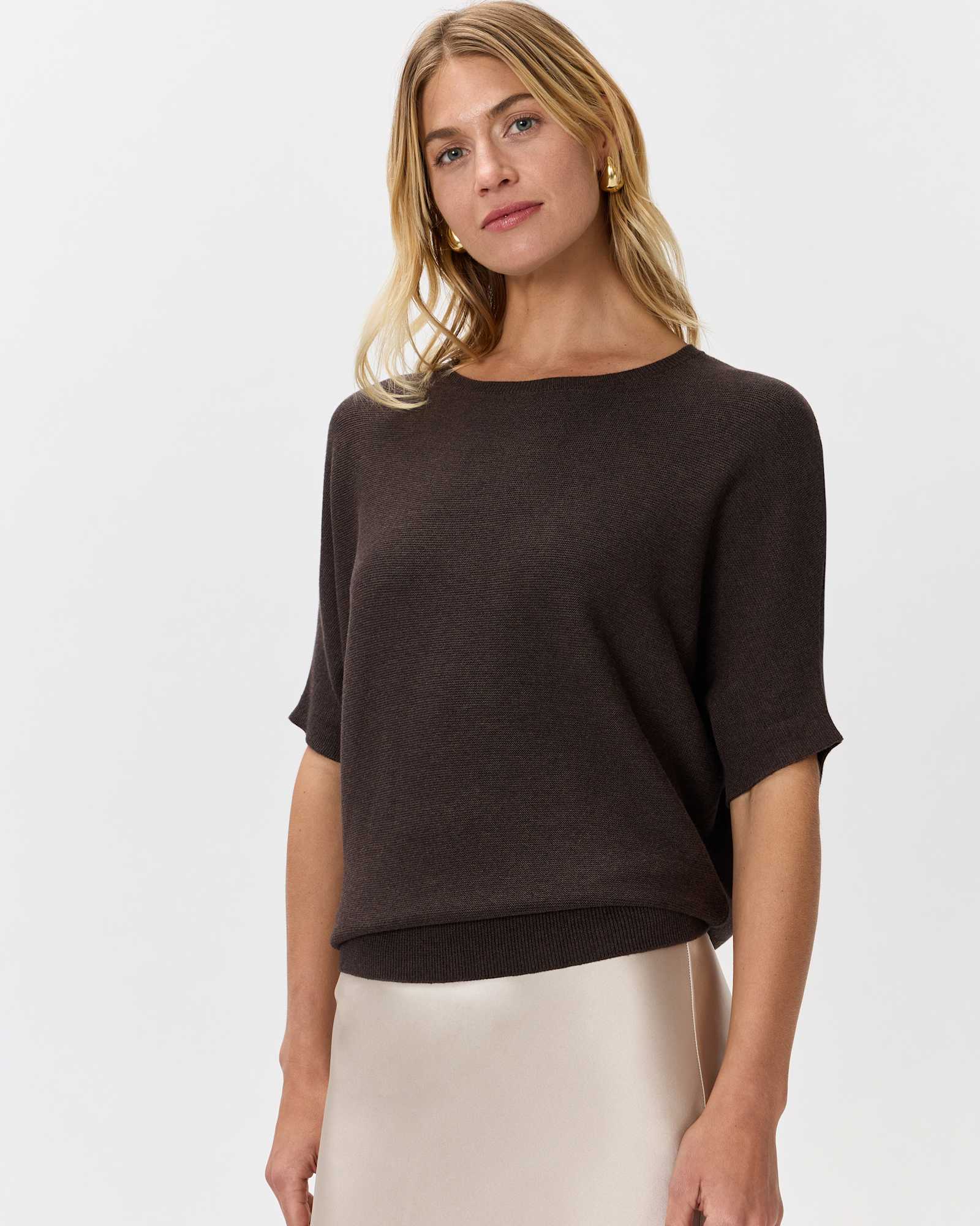 Mocha Heather Lightweight Cotton Cashmere Link-Stitch Dolman Sweater