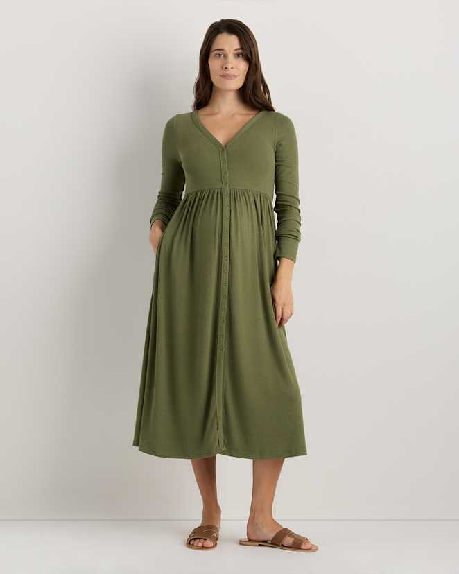 Green Tea Bamboo Rib Maternity Long Sleeve Button Front Dress