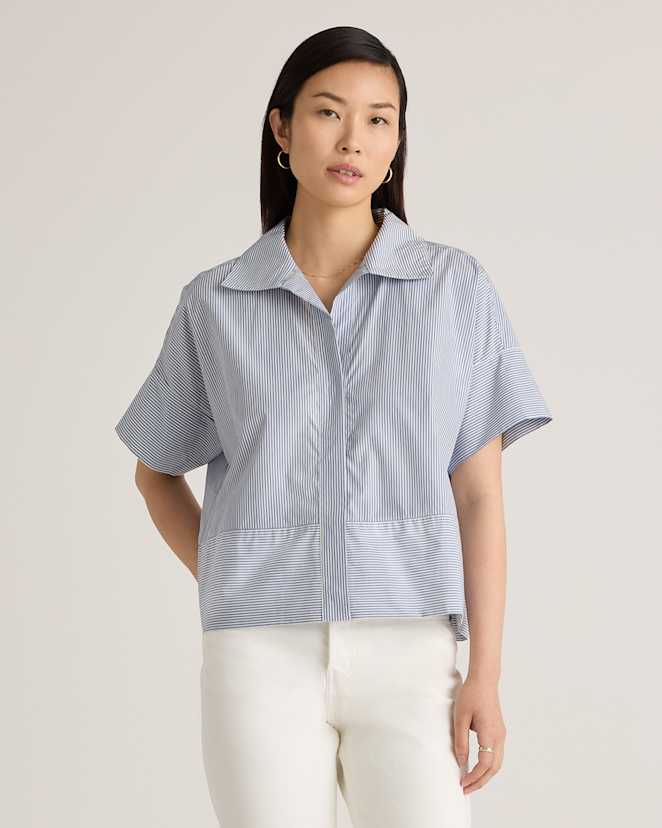 Light Blue Stripe 100% Organic Cotton Poplin Boxy Short Sleeve Shirt