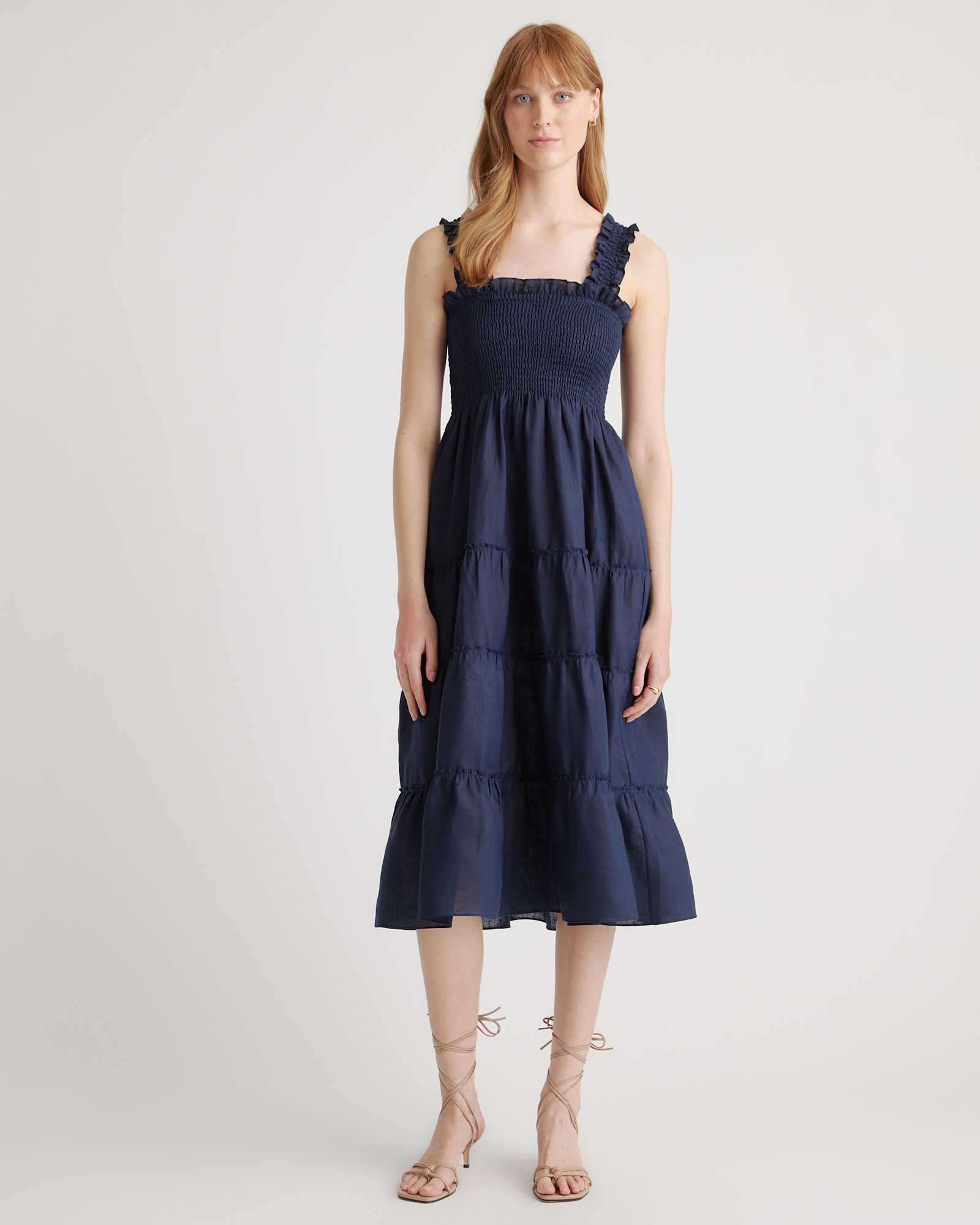 deep-navy 100% European Linen Smocked Midi Dress