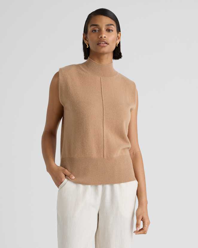 Camel Mongolian Cashmere Padded-Shoulder Sweater Tank