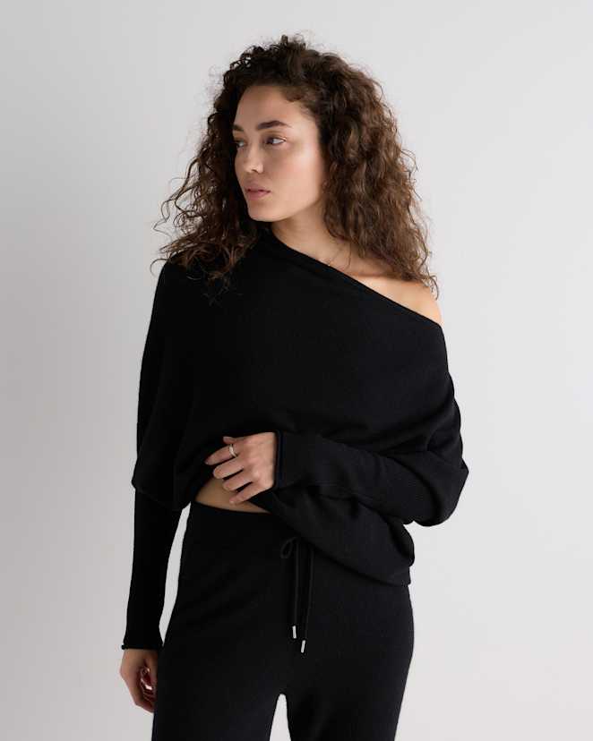 Black 100% Mongolian Cashmere Asymmetric Draped Sweater