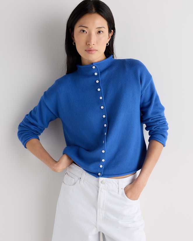 Sapphire Blue Cotton Cashmere Roll Neck Cardigan