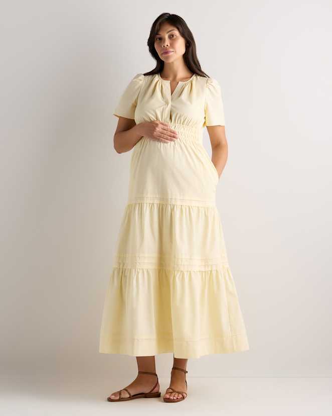 Pale Custard Yellow 100% Organic Cotton Poplin Maternity Tiered Maxi Dress