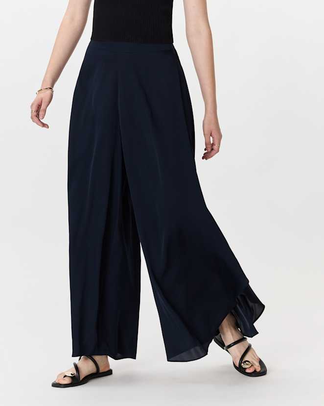 Navy Pantalon palazzo en soie extensible lavable