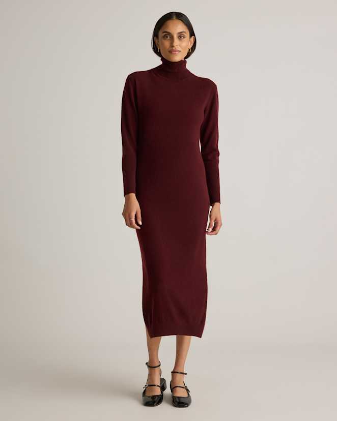 Rich Burgundy Mongolian Cashmere Turtleneck Midi Sweater Dress