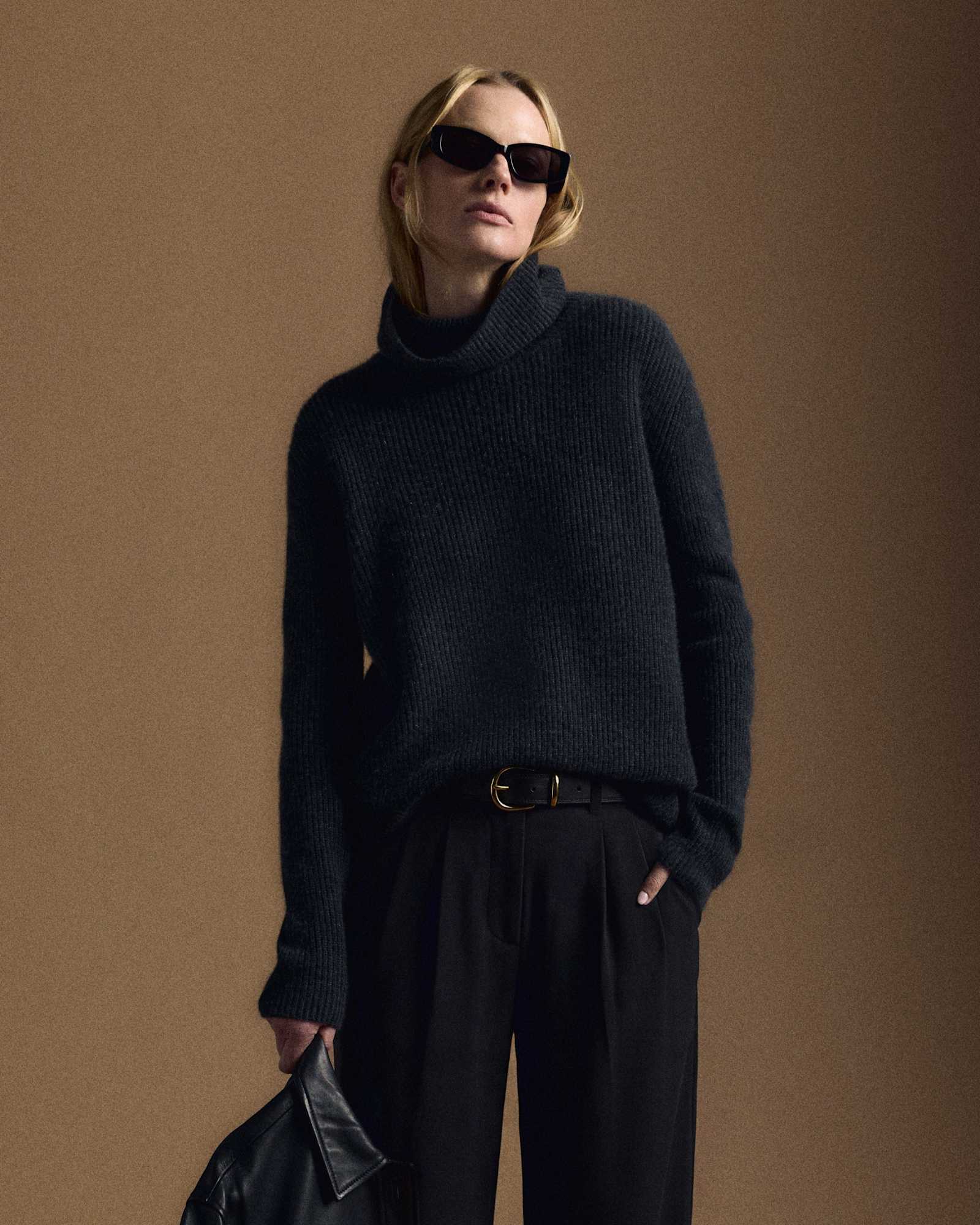 Heather Charcoal Mongolian Cashmere Fisherman Turtleneck Sweater