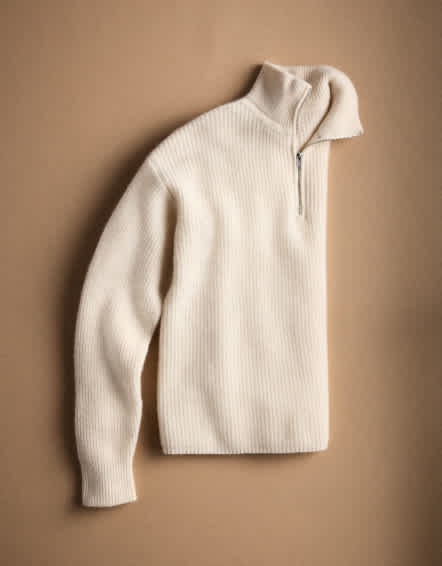 Ivory Mongolian Cashmere Fisherman Quarter Zip Sweater