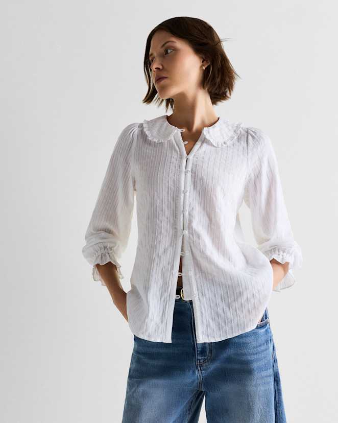 Classic White Embroidered Cotton Ruffle Collar Long Sleeve Blouse