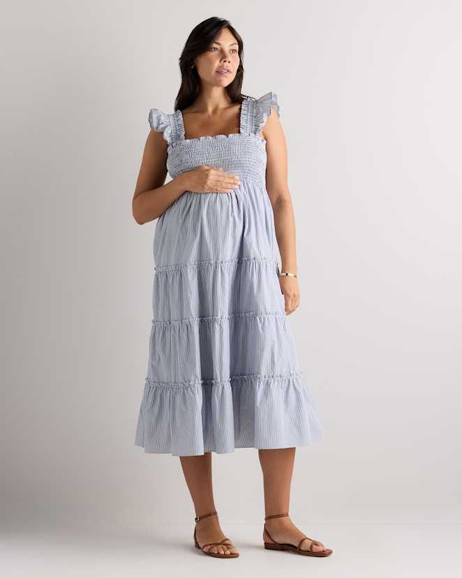 Light Blue Stripe 100% Organic Cotton Poplin Maternity Smocked Midi Dress