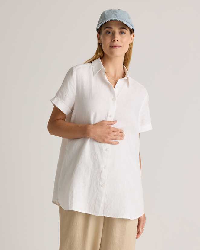 White 100% European Linen Maternity Camp Shirt