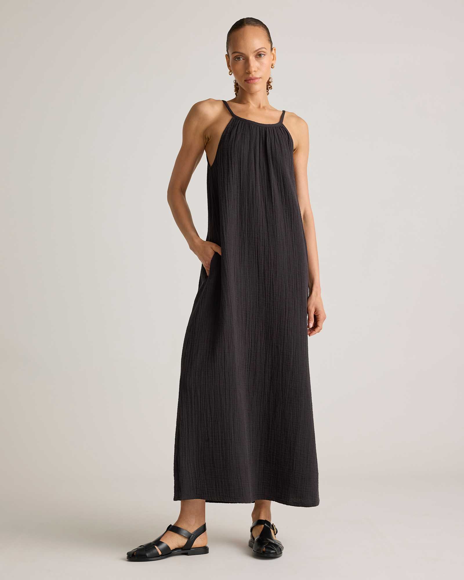 black 100% Organic Cotton Gauze Sleeveless Maxi Dress