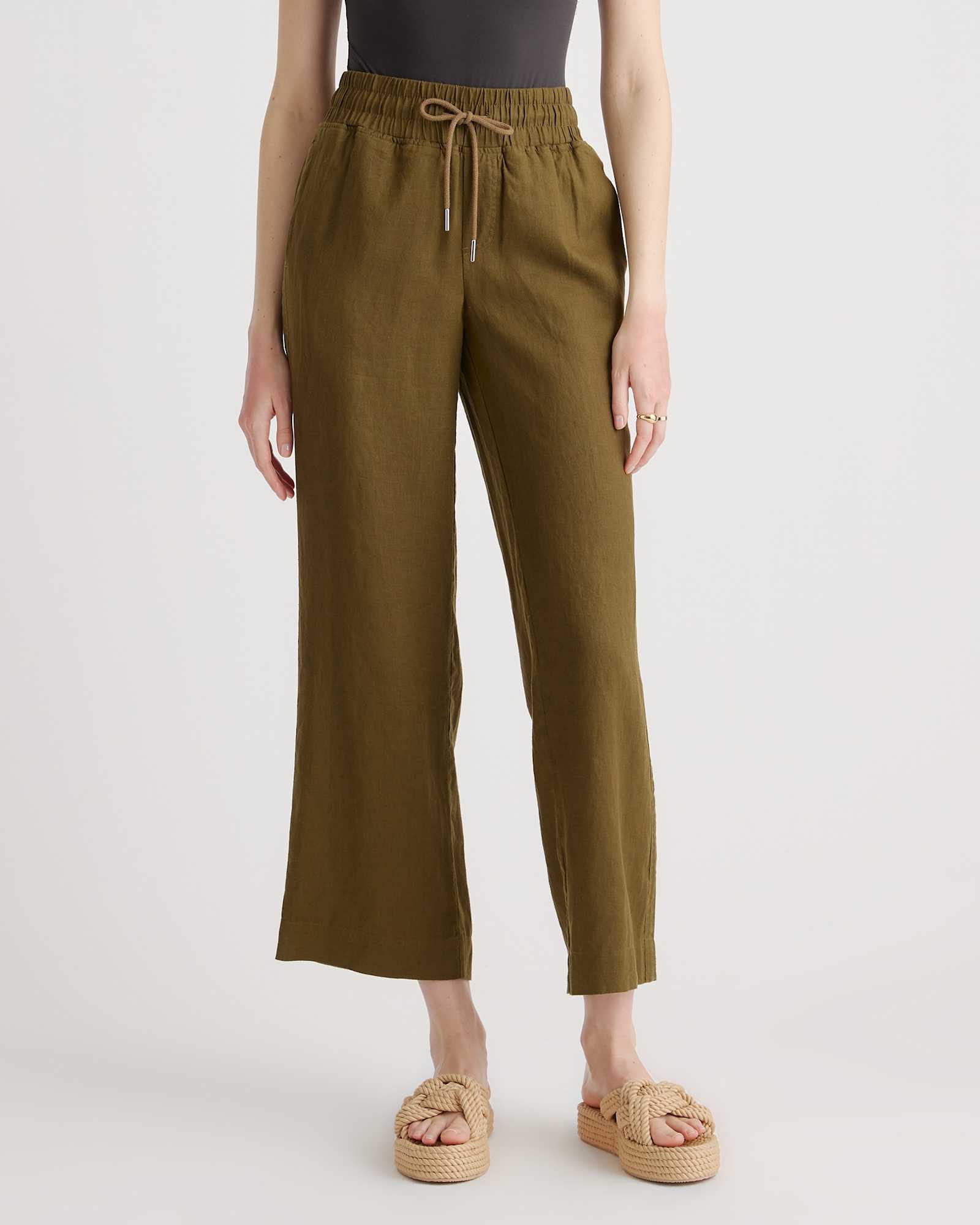 Martini Olive 100% European Linen Wide Leg Pants