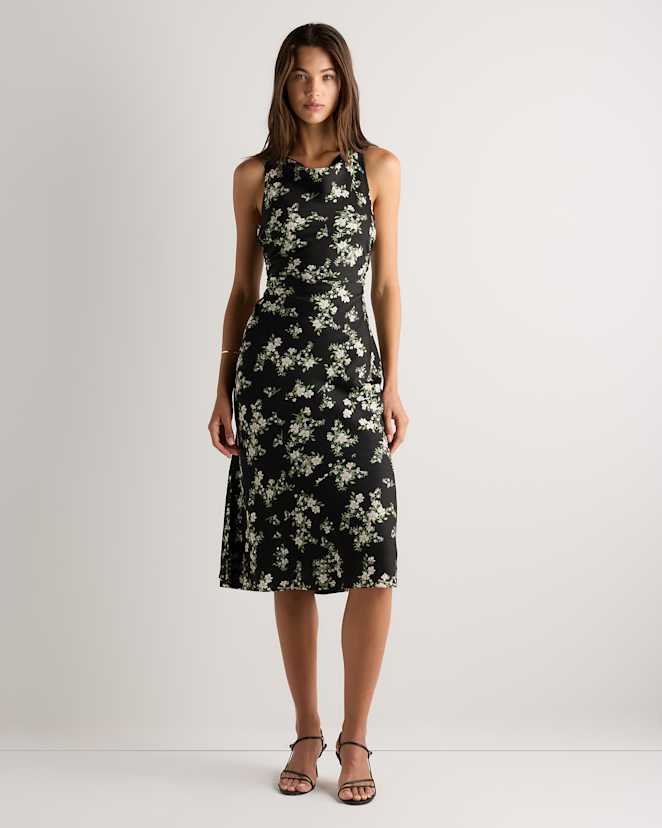 Black Vintage Pink Petite Floral Washable Stretch Silk High Neck Midi Dress