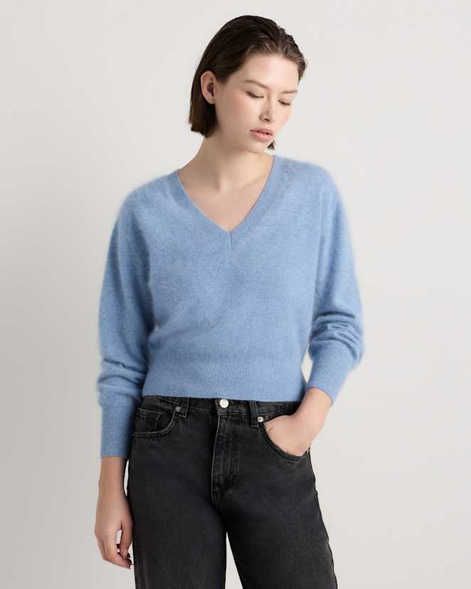 Faded Denim Brushed Cashmere Shrunken V-Neck Sweater