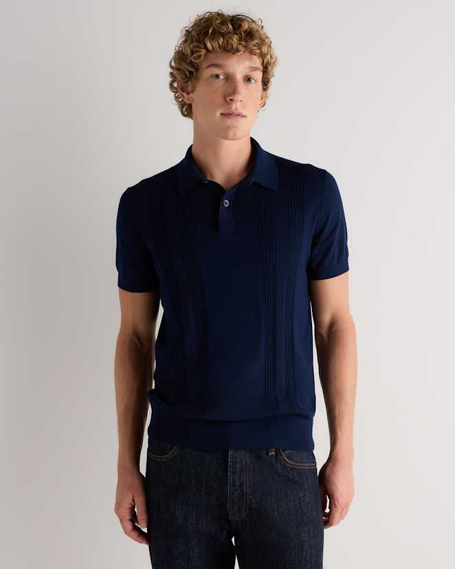 Navy Cotton-Silk Ribbed Short Sleeve Sweater Polo