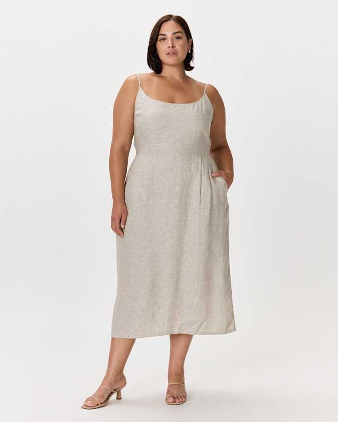 Flax 100% European Linen Scoop Neck Midi Dress