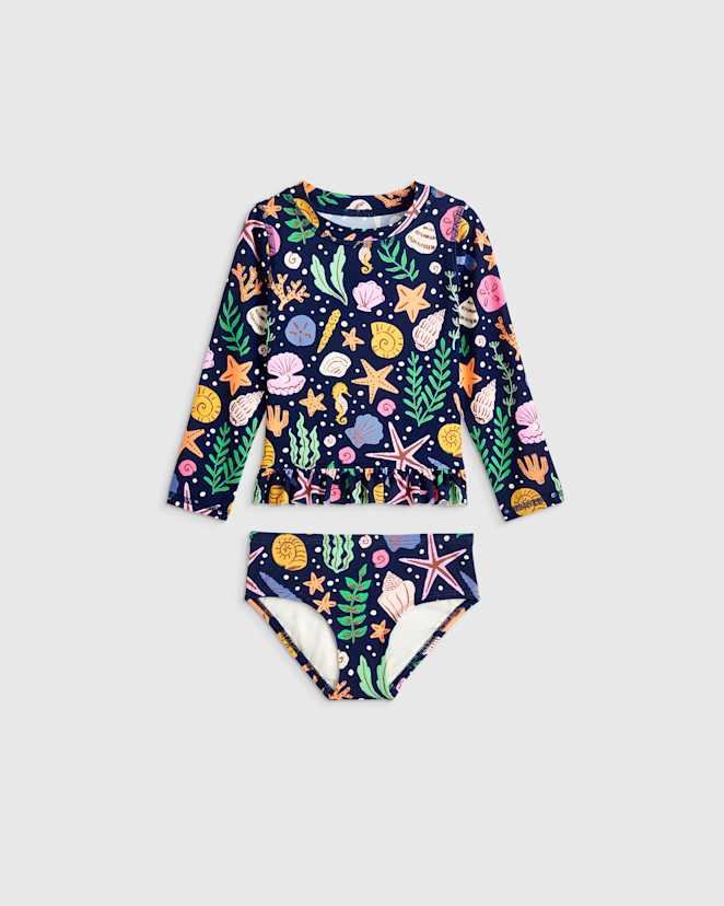Navy Seashells Long Sleeve Ruffle Rash Guard Two-Piece Swimsuit