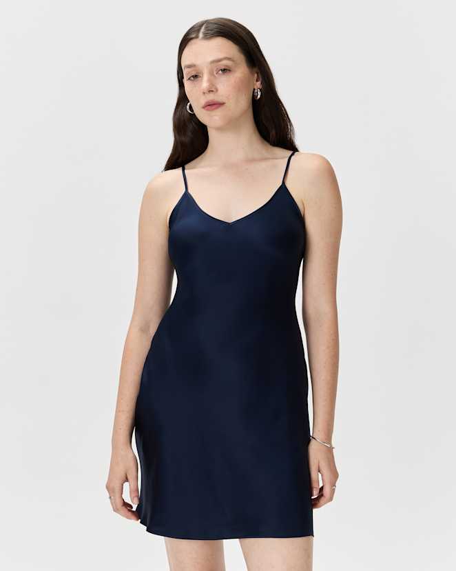 Navy 100% Washable Silk Mini Slip Dress