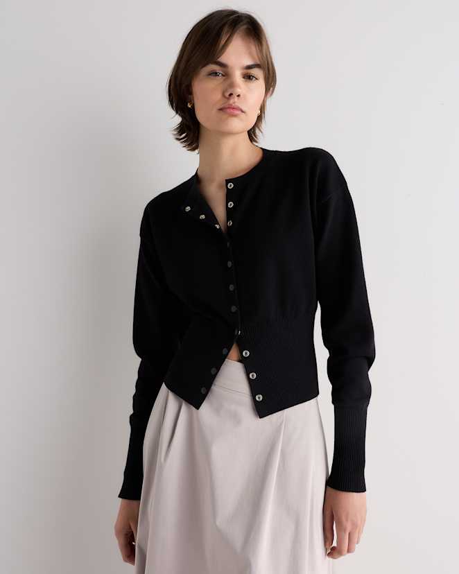 Black Cotton Cashmere Structured Waist Cardigan