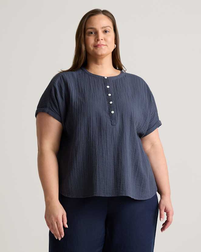 Indigo Blue 100% Organic Cotton Gauze Roll Sleeve Shirt