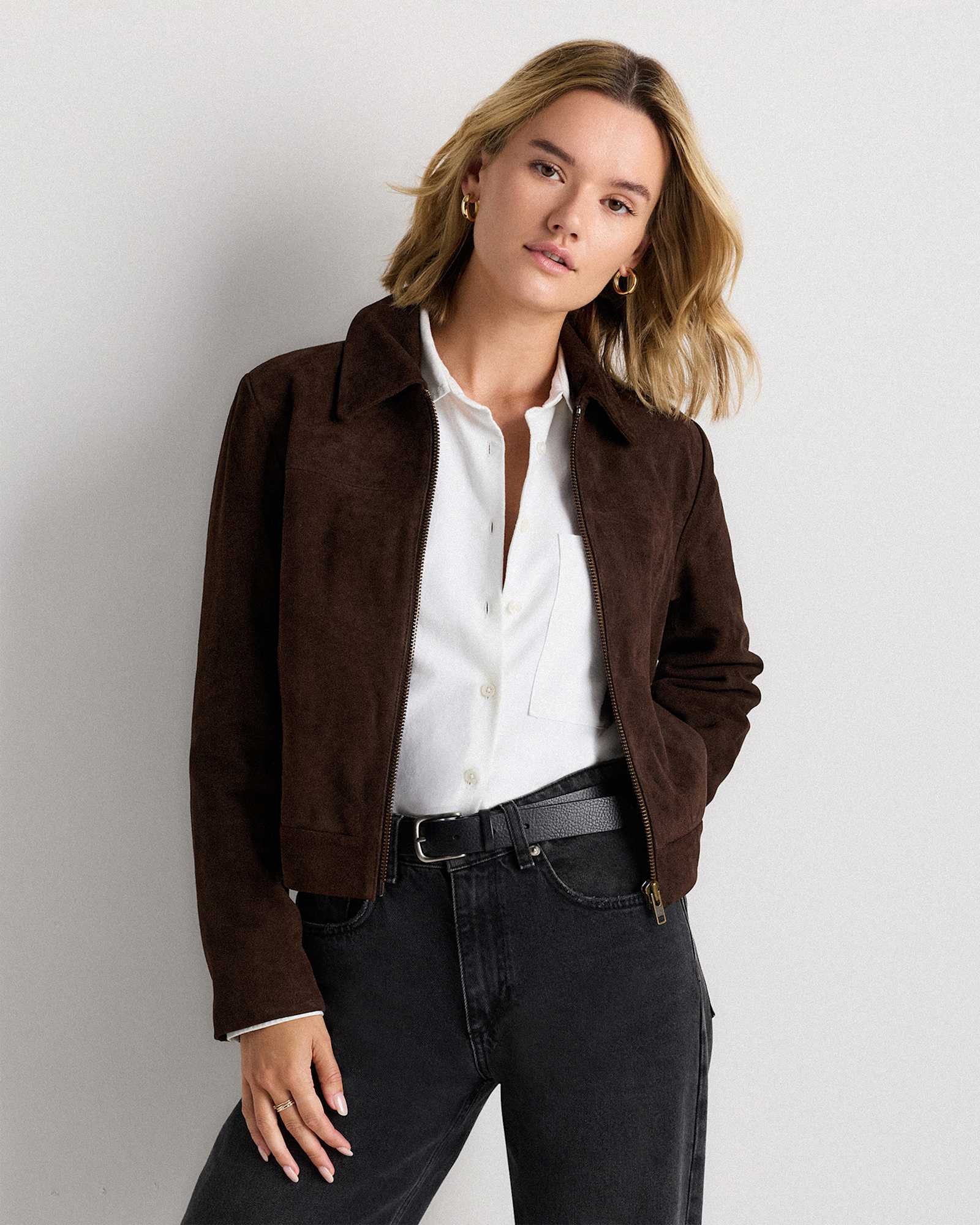 espresso-brown 100% Suede Cropped Zip-Front Jacket