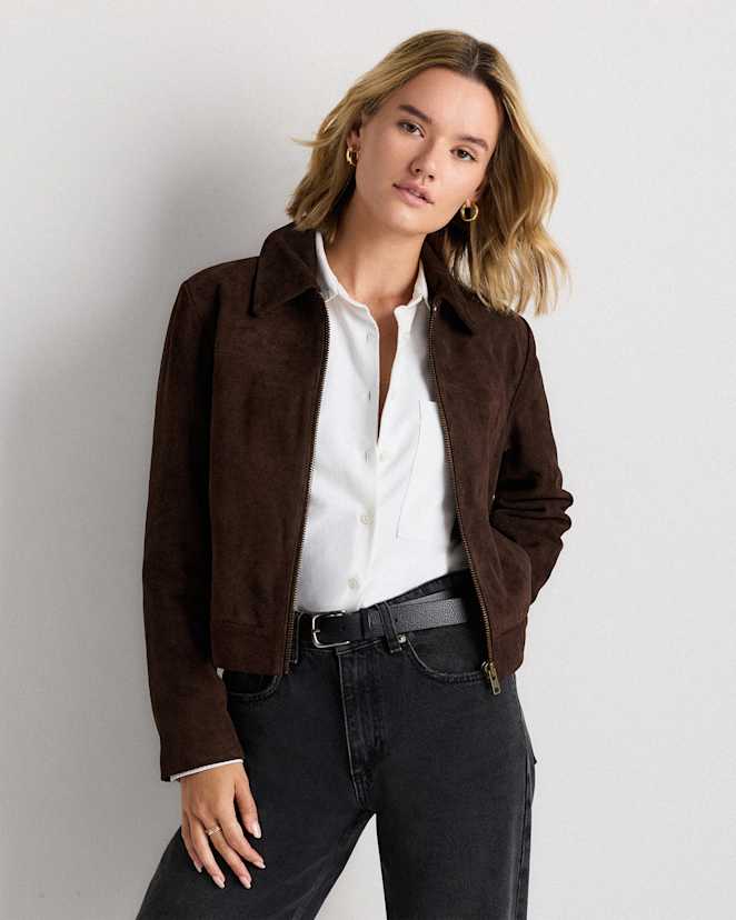 Espresso Brown 100% Suede Cropped Zip-Front Jacket