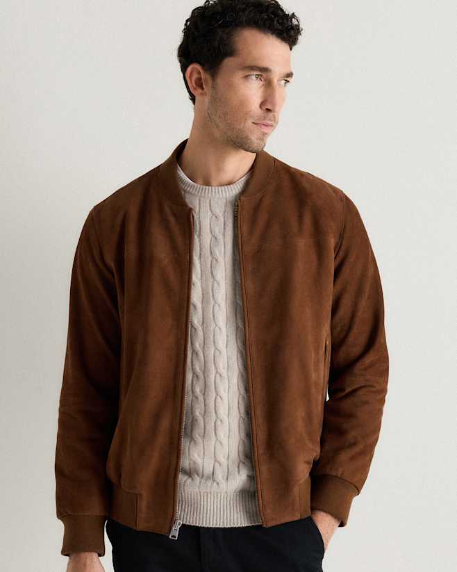 Dark Chestnut Brown 100% Suede Bomber Jacket