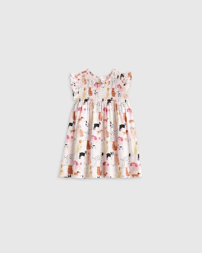 Pink Puppy Pals 100% Organic Cotton Poplin Smocked Flutter Sleeve Dress