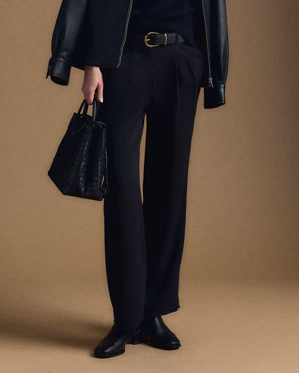 Black Stretch Crepe Pleated Wide Leg Pants