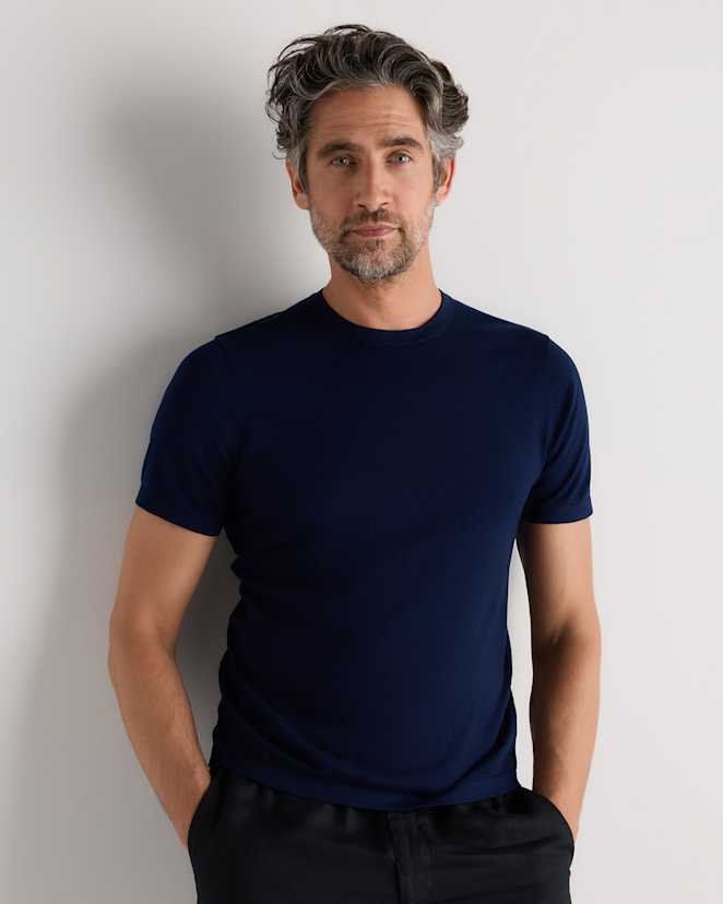 Navy Cotton-Silk Short Sleeve Crewneck Sweater