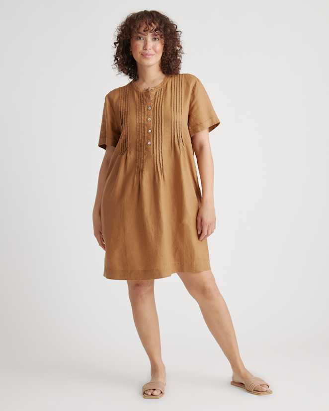 Golden Brown 100% European Linen Short Sleeve Swing Dress
