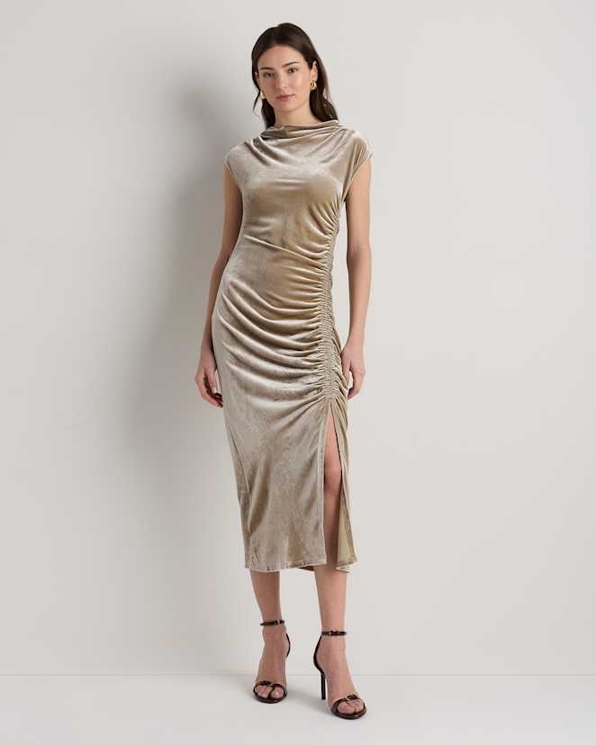 Dogwood Stretch Silk Velvet Ruched Midi Dress