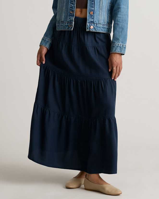 Midnight Blue Vintage Wash Tencel Tiered Maxi Skirt