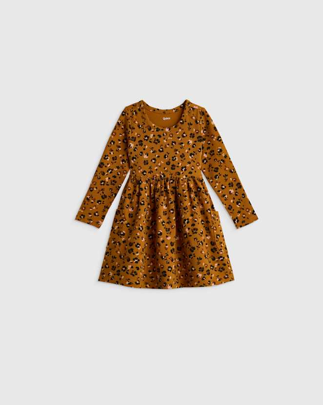 Caramel Confetti Floral Organic Cotton Long Sleeve Fit and Flare Pocket Dress