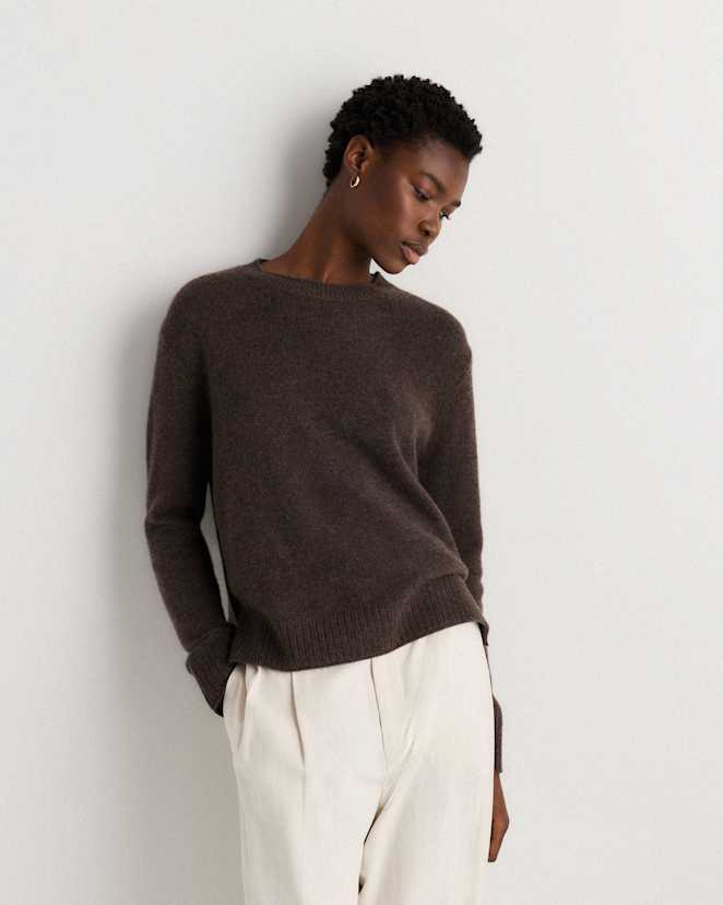 Heather Truffle Brown Mongolian Cashmere Boxy Crewneck Sweater