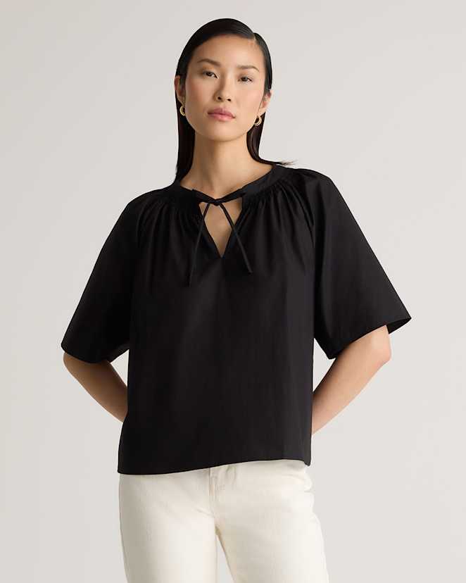 Black 100% Organic Cotton Poplin Split Neck Top