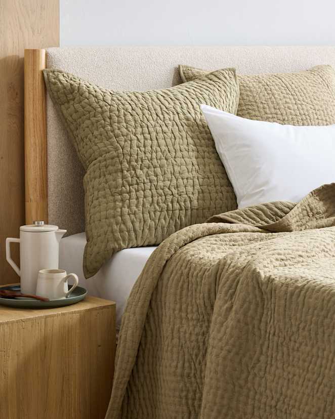 Olive European Linen Cotton Stitch Quilted Euro Sham